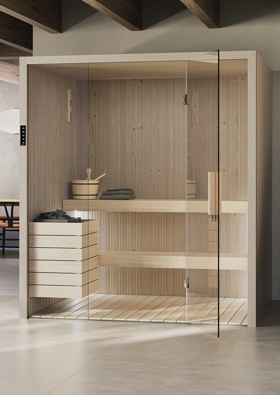 Compacte Novellini Fun sauna voor twee personen.