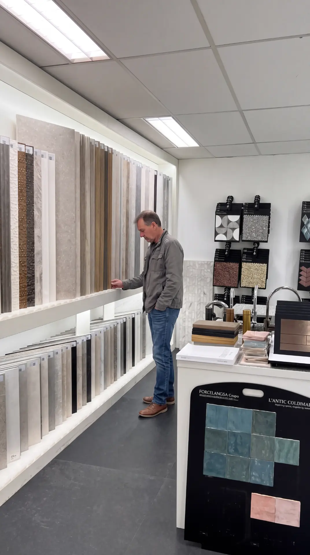 Klant bekijkt tegelstalen in de showroom