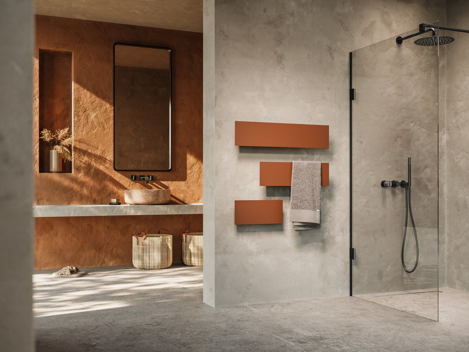 Badkamer met radiator en handdoekwarmer