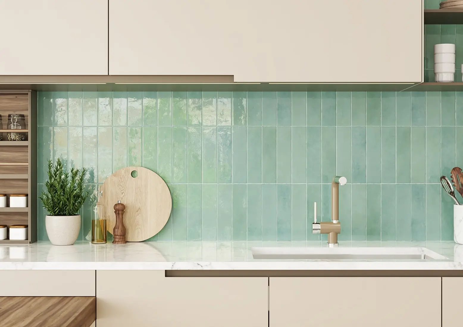 Groene wandtegels in de badkamer
