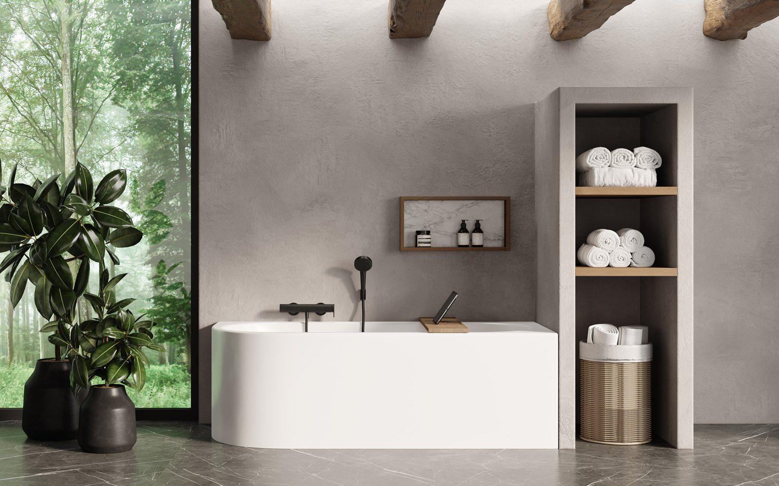 LoooX Cool hoekbad tegen de wand met open kastruimte
