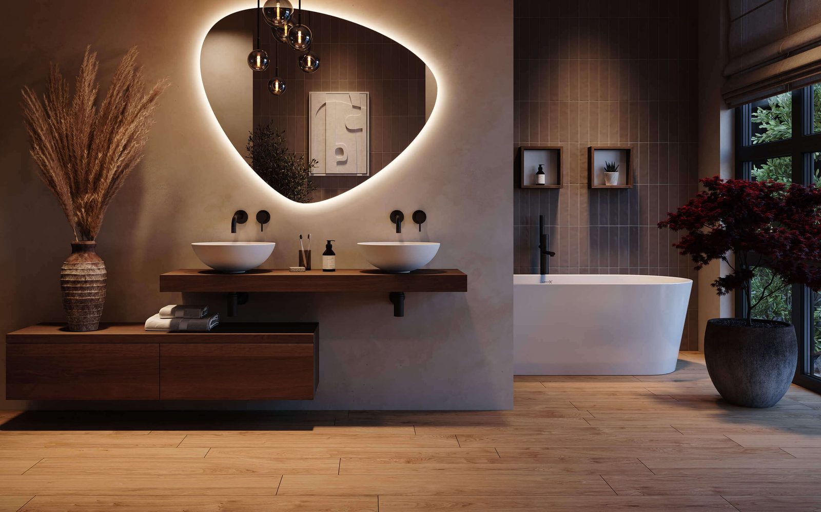 Vrijstaand bad in een donker afgewerkte badkamer met houten vloer