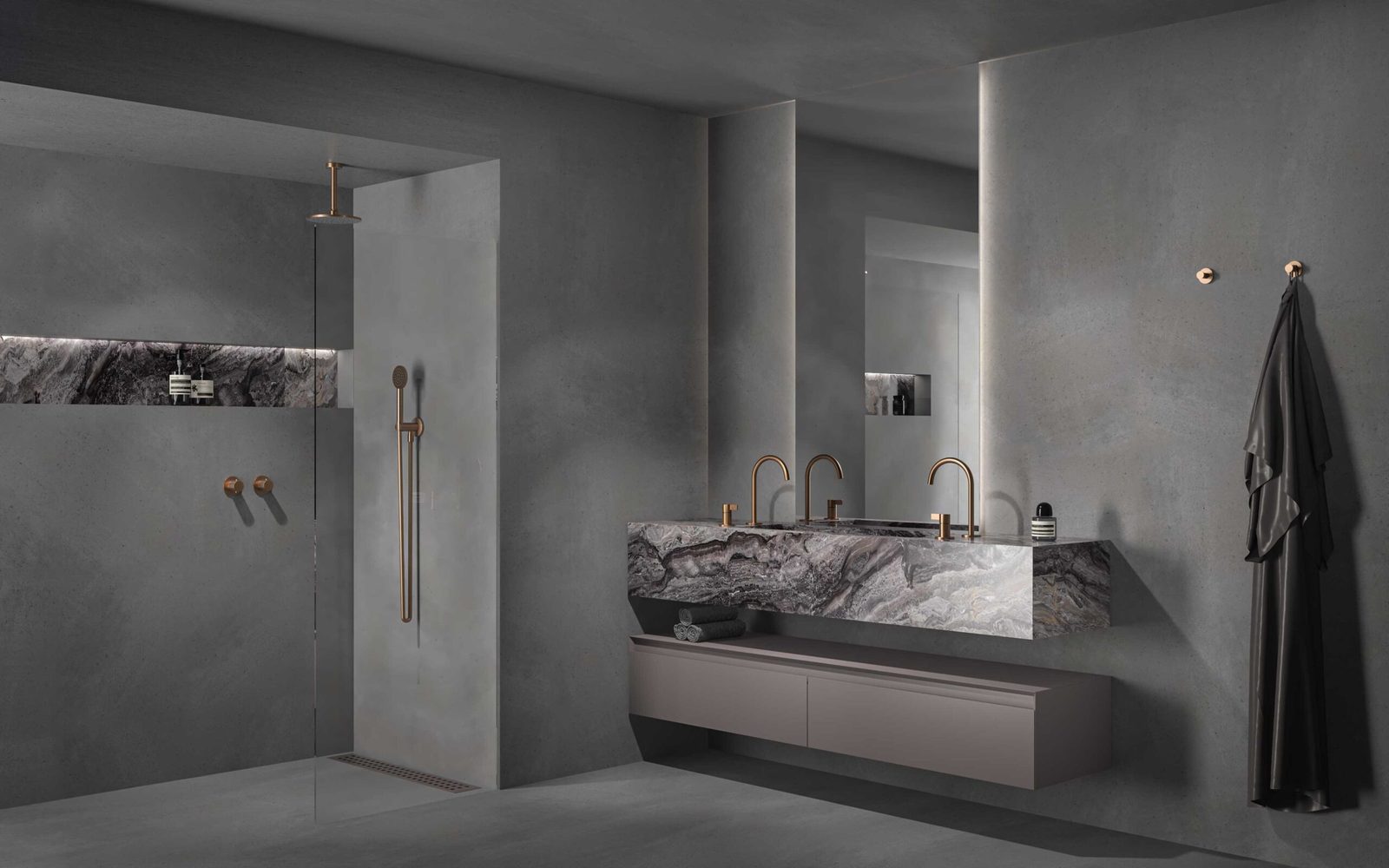 Wastafelmeubel in een donker afgewerkte badkamer